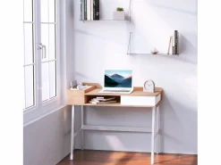 Escritorio con cajón y estantes, MDF y metal, estilo industrial, madera natural (100x55x81cm)^ Sale