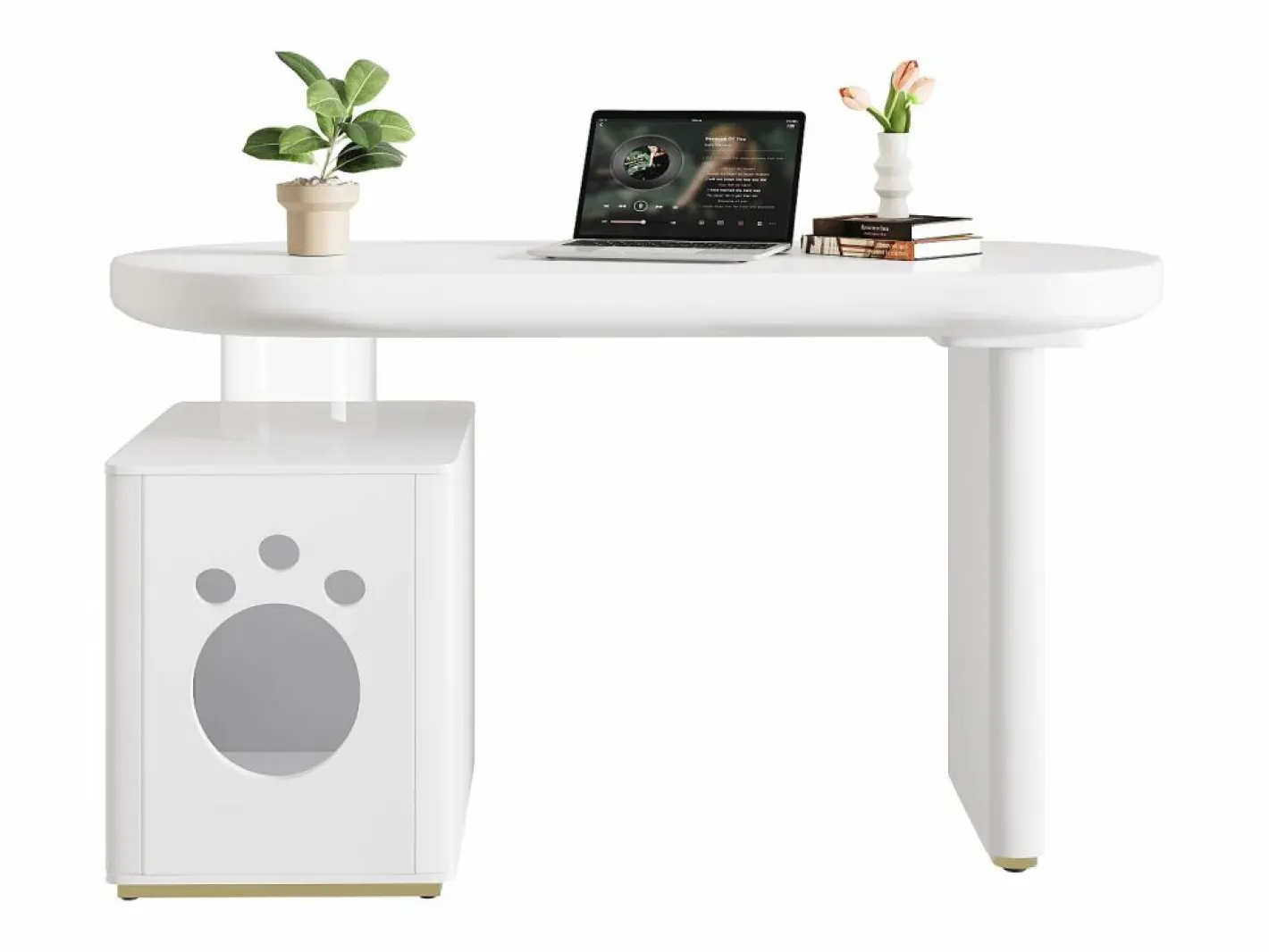 ModernLuxe Escritorio con nicho para mascotas - 117×50×76 cm - Patas reforzadas - Para mascotas de tamaño M a XL - Acabado lacado - Blanco Hot