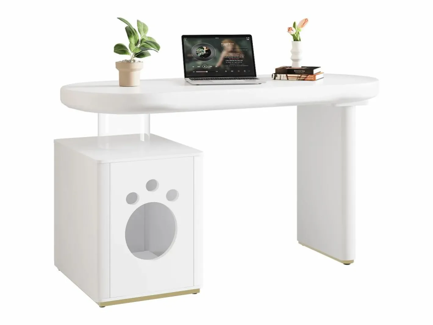 ModernLuxe Escritorio con nicho para mascotas - 117×50×76 cm - Patas reforzadas - Para mascotas de tamaño M a XL - Acabado lacado - Blanco Hot