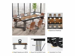 Escritorio de 200 cm para 2 personas con sólida estructura geométrica de metal - Mesa de reunión o seminario para 8 a 10 personas - Marrón rústico^Tribesigns Clearance