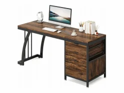 Tribesigns Escritorio de computadora con 3 cajones, 150 cm, con cajones reversibles, escritorio industrial con bandeja de almacenamiento para el hogar y la oficina, marrón rústico Marru00f3n
