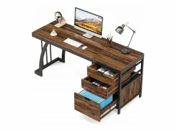 Tribesigns Escritorio de computadora con 3 cajones, 150 cm, con cajones reversibles, escritorio industrial con bandeja de almacenamiento para el hogar y la oficina, marrón rústico Marru00f3n
