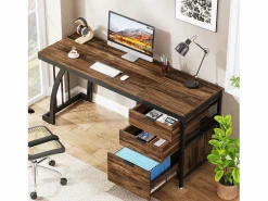 Tribesigns Escritorio de computadora con 3 cajones, 150 cm, con cajones reversibles, escritorio industrial con bandeja de almacenamiento para el hogar y la oficina, marrón rústico Marru00f3n