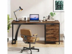 Tribesigns Escritorio de computadora con 3 cajones, 150 cm, con cajones reversibles, escritorio industrial con bandeja de almacenamiento para el hogar y la oficina, marrón rústico Marru00f3n
