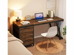 Tribesigns Escritorio de computadora con 3 cajones, 150 cm, con cajones reversibles, escritorio industrial con bandeja de almacenamiento para el hogar y la oficina, marrón rústico Marru00f3n