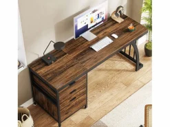 Tribesigns Escritorio de computadora con 3 cajones, 150 cm, con cajones reversibles, escritorio industrial con bandeja de almacenamiento para el hogar y la oficina, marrón rústico Marru00f3n