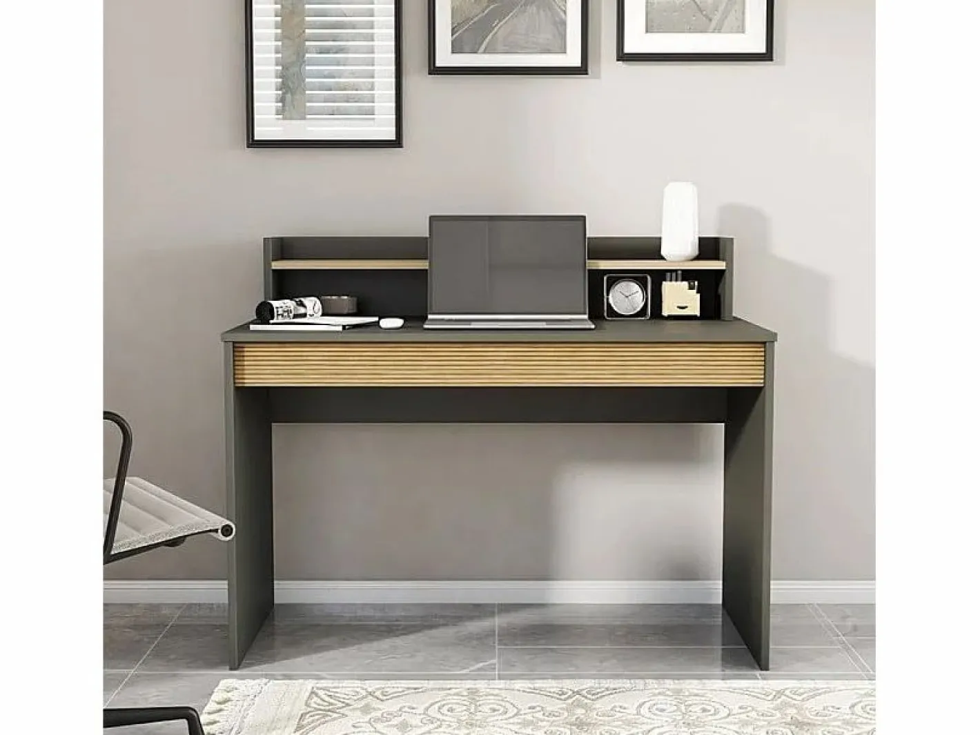 Escritorio de diseño moderno color negro de madera con estante puerta abatible 120cm Heaton Gris antracita Sale