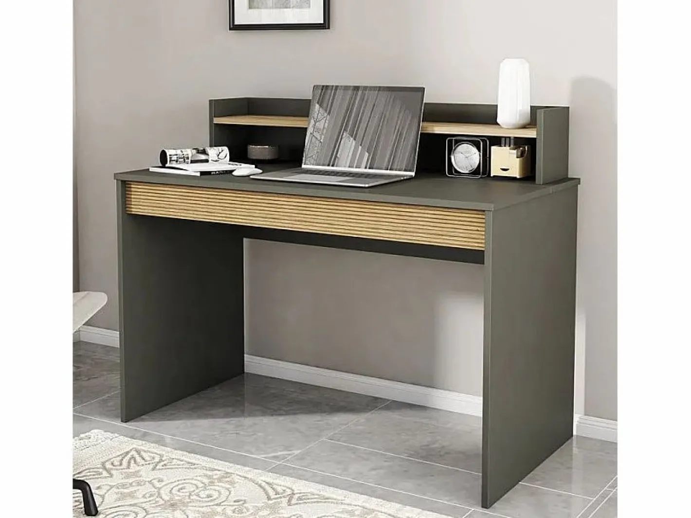Escritorio de diseño moderno color negro de madera con estante puerta abatible 120cm Heaton Gris antracita Sale