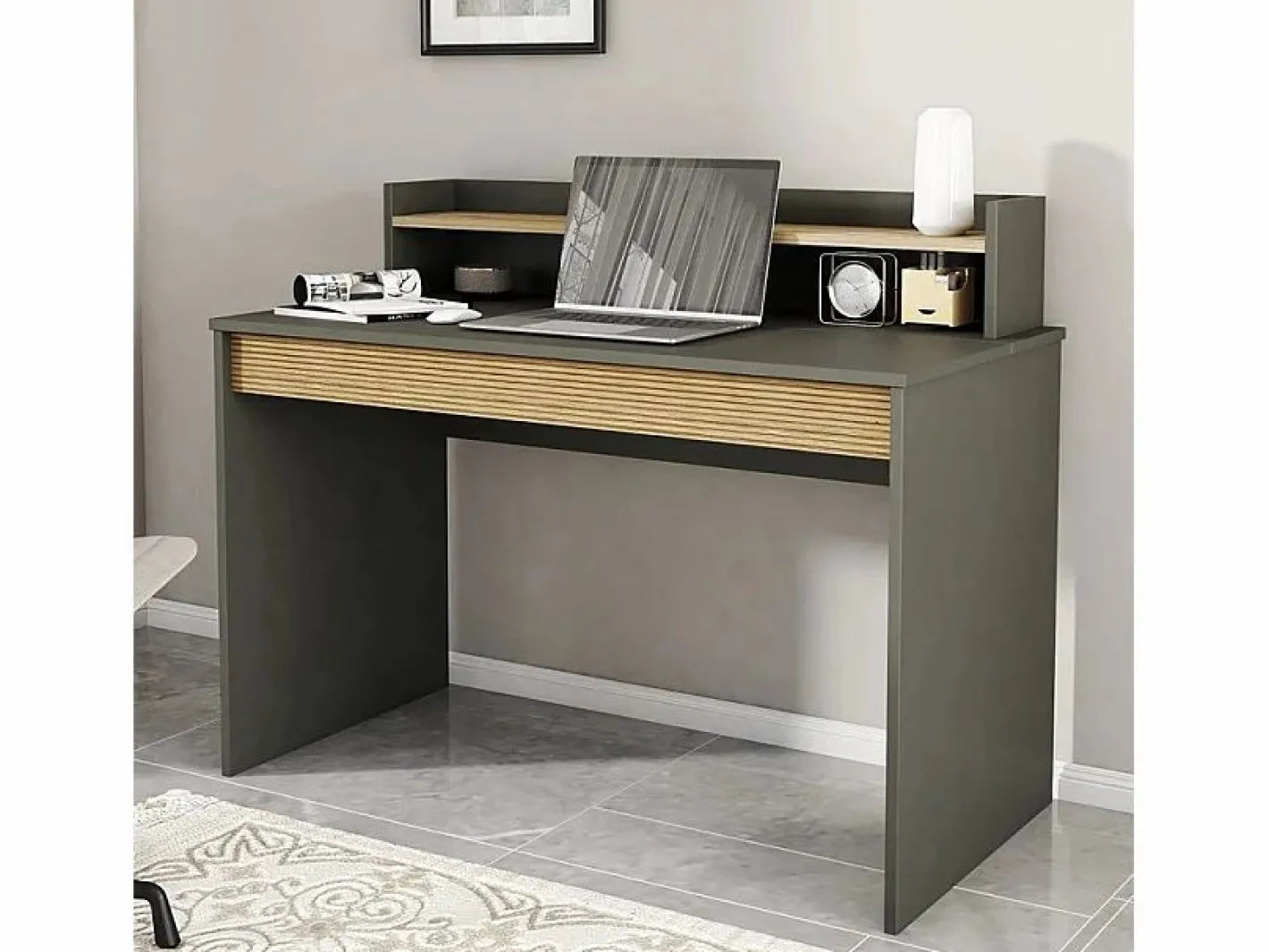 Escritorio de diseño moderno color negro de madera con estante puerta abatible 120cm Heaton Gris antracita Sale