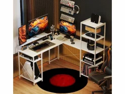 Mesa Gaming|Escritorio de esquina con estante y puerto USB, de madera, (137x140x139,5 cm)