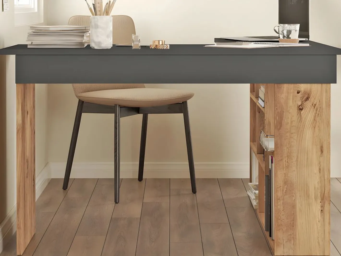 Escritorio de esquina con compartimentos antracita y natural - LILEUL^Vente-unique Discount