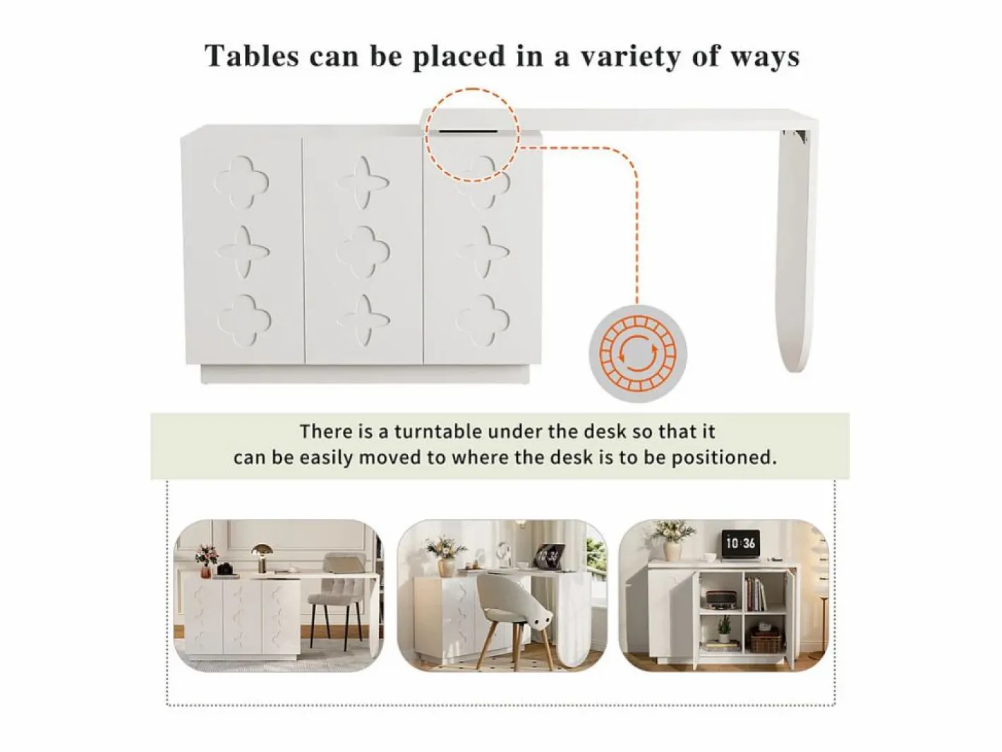 DripeX Escritorio de esquina extensible - con 3 puertas en MDF - función giratoria - - 110x40x75cm Blanco Hot