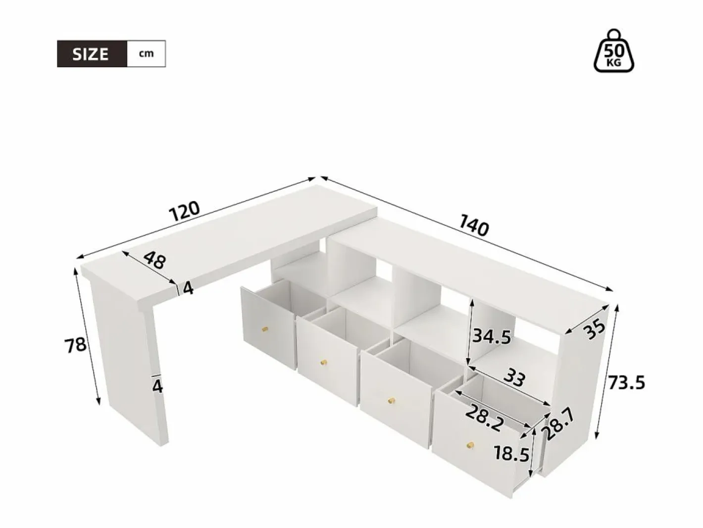 ModernLuxe Escritorio de esquina giratorio - 4 compartimentos y 4 cajones - Tablero giratorio a 360° - Tablero y patas reforzados - MDF - Blanco