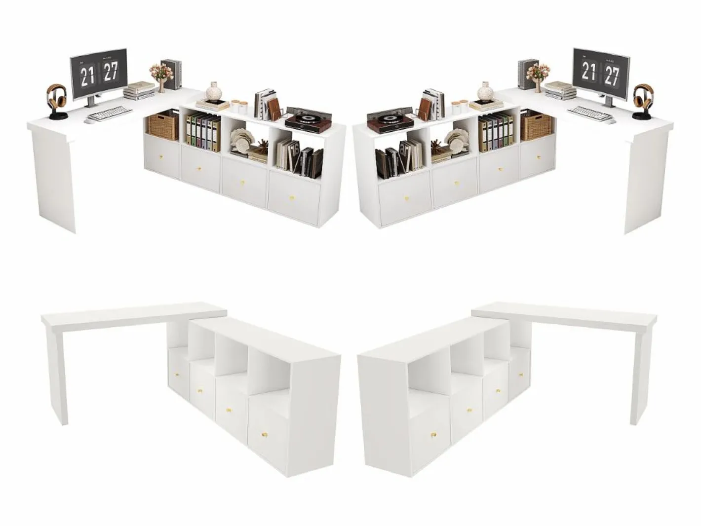 ModernLuxe Escritorio de esquina giratorio - 4 compartimentos y 4 cajones - Tablero giratorio a 360° - Tablero y patas reforzados - MDF - Blanco