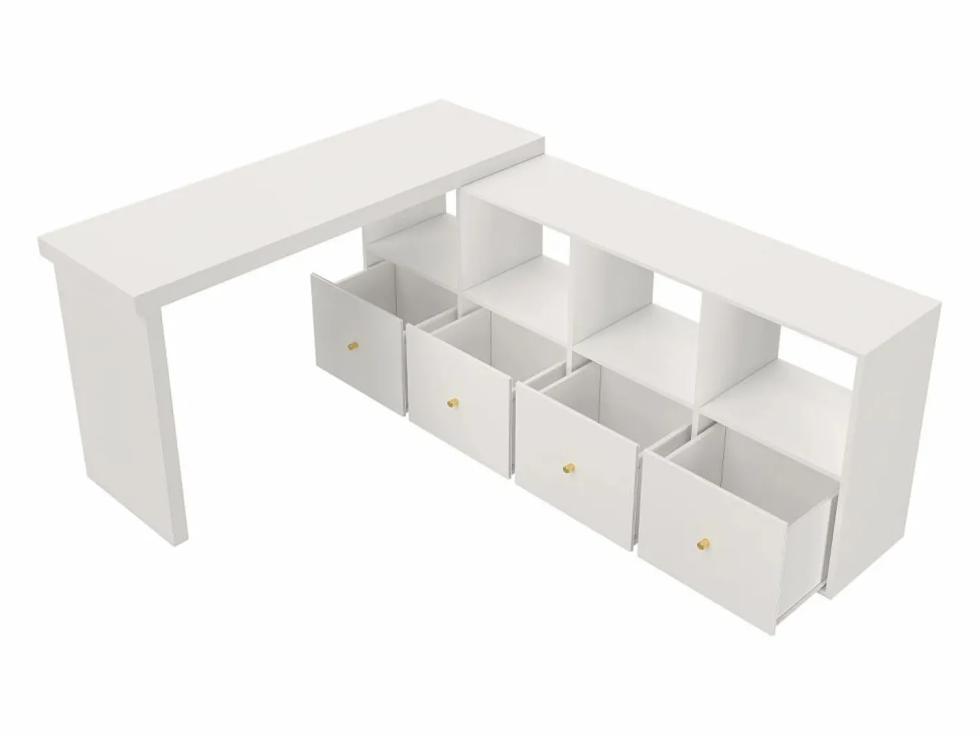 ModernLuxe Escritorio de esquina giratorio - 4 compartimentos y 4 cajones - Tablero giratorio a 360° - Tablero y patas reforzados - MDF - Blanco