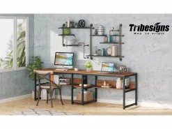 Escritorio de oficina doble de 200 cm para dos personas, escritorio rústico con estantería para el escritorio en el hogar rústico^Tribesigns Outlet