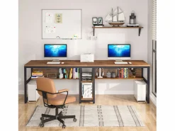 Escritorio de oficina doble de 200 cm para dos personas, escritorio rústico con estantería para el escritorio en el hogar rústico^Tribesigns Outlet