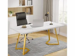 Tribesigns Escritorio de ordenador - 140 x 80 x 75 cm - Mesa de ordenador - Mesa de oficina - Mesa de trabajo - Mesa de oficina - y dorado Blanco Hot