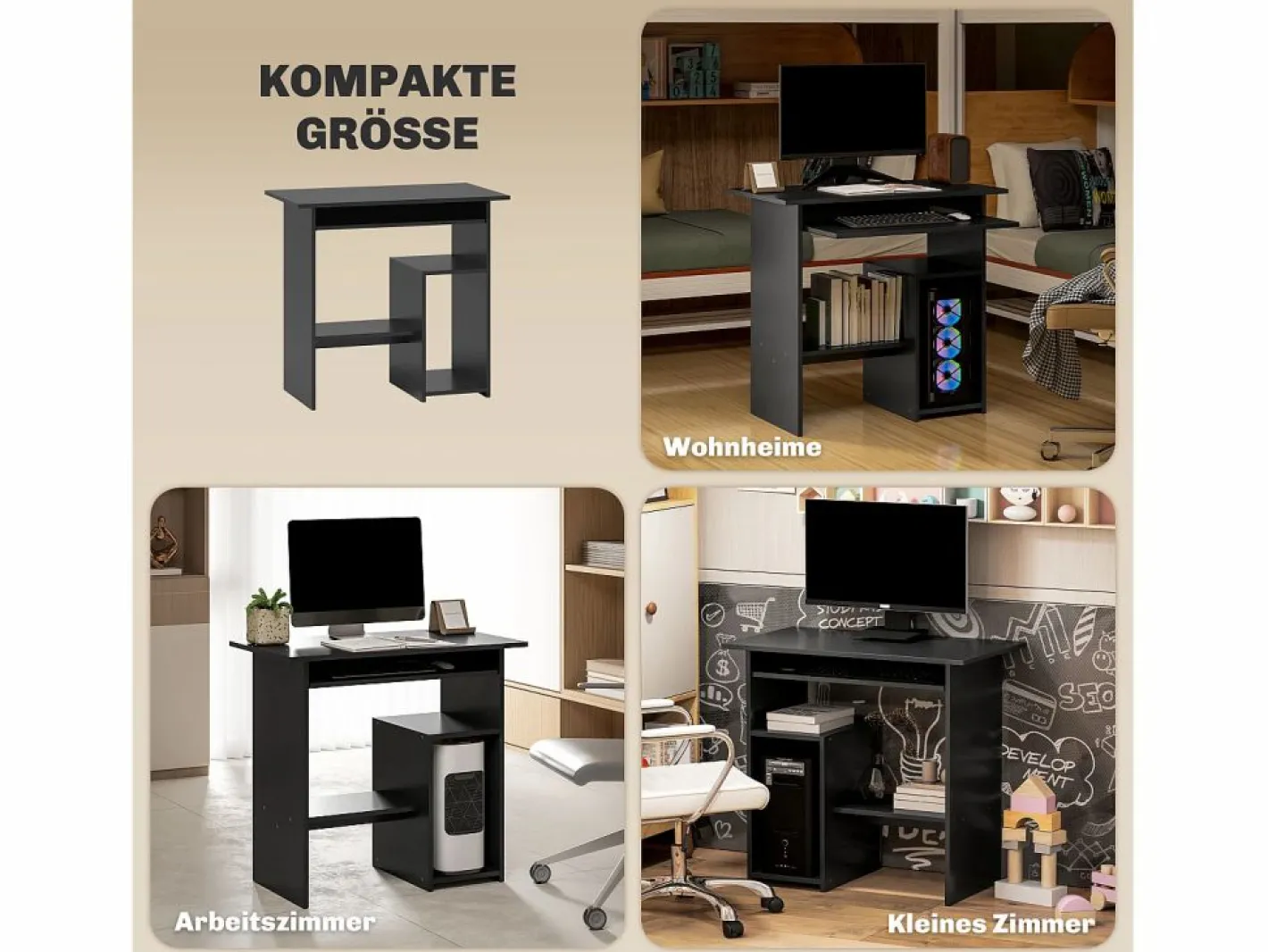 Mesa Gaming|Escritorio de ordenador con estantes abiertos y espacio de almacenamiento, mesa de trabajo, para oficina o dormitorio, madera contrachapada, (80x45x75 cm)