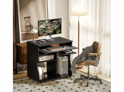 Escritorio de ordenador móvil, con bandeja para teclado, 3 estantes, acero, (80x48x75 cm) Negro Online