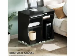Escritorio de ordenador móvil, con bandeja para teclado, 3 estantes, acero, (80x48x75 cm) Negro Online