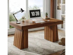 Tribesigns Escritorio ejecutivo de 140 cm, escritorio de oficina doméstica de estilo moderno del siglo XX con base de doble trapecio Marru00f3n