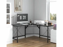 Escritorio esquinero en forma de L, con estante, de metal y MDF, color (150x150x76,5 cm) Negro Outlet