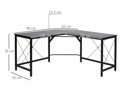 Escritorio esquinero en forma de L, con estante, de metal y MDF, color (150x150x76,5 cm) Negro Outlet