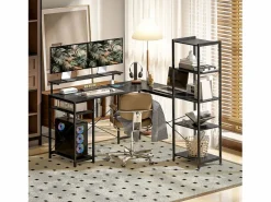 Escritorio esquinero en forma de L con 6 estantes, soporte para monitor, USB y toma de corriente, metal (137x140x139,5cm)^