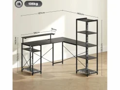Escritorio esquinero en forma de L con 6 estantes, soporte para monitor, USB y toma de corriente, metal (137x140x139,5cm)^