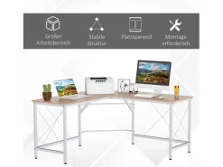 Mesa Gaming|Escritorio esquinero en forma de L, MDF, color natural (150x150x76 cm)