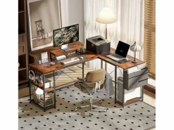 Mesa Gaming|Escritorio esquinero en forma de L con almacenaje modular, madera, marrón rústico (168x120x90cm)