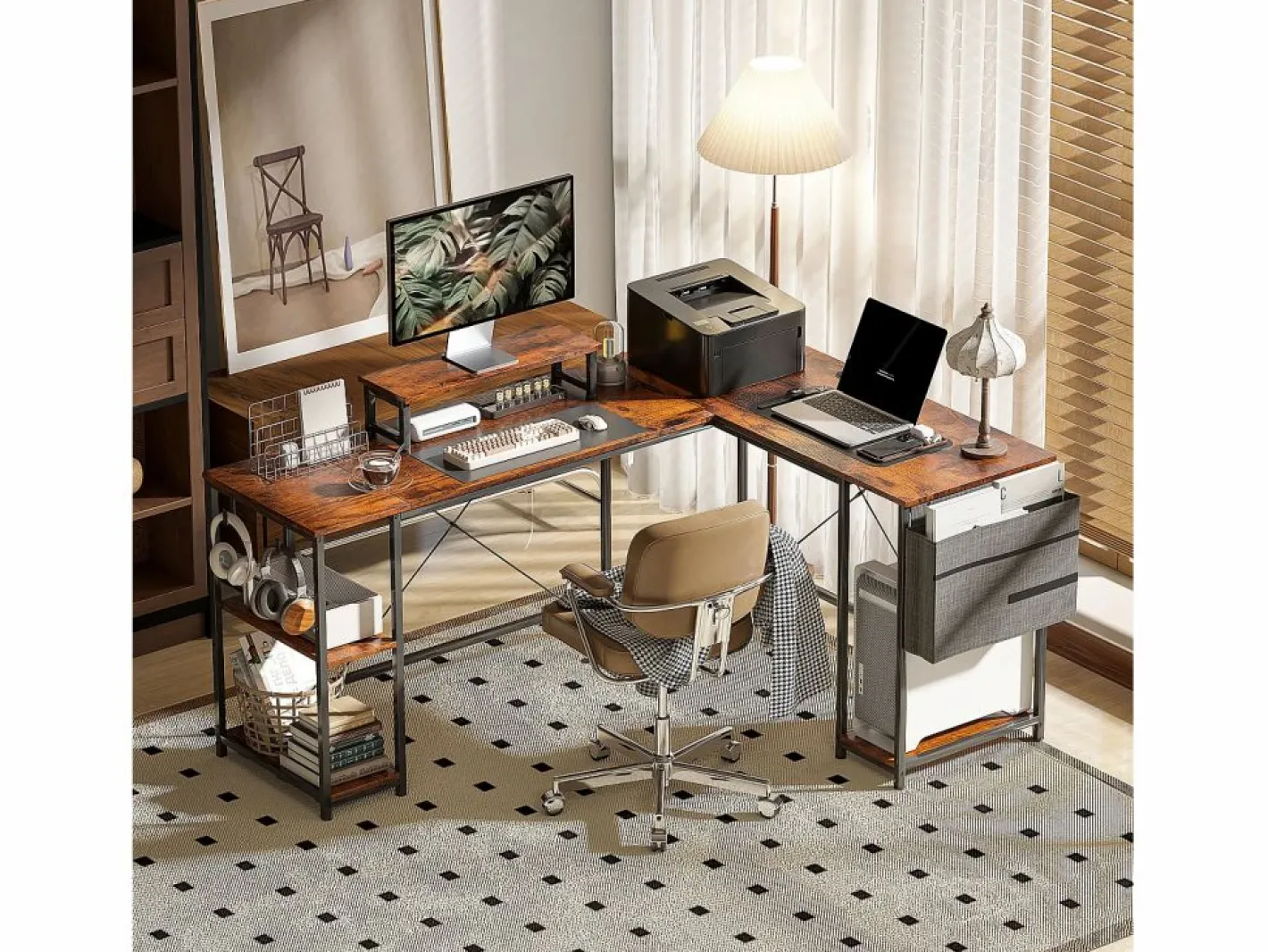 Mesa Gaming|Escritorio esquinero en forma de L con almacenaje modular, madera, marrón rústico (168x120x90cm)