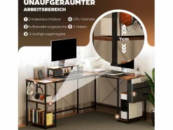 Mesa Gaming|Escritorio esquinero en forma de L con almacenaje modular, madera, marrón rústico (168x120x90cm)