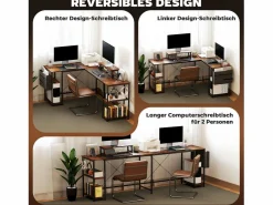 Mesa Gaming|Escritorio esquinero en forma de L con almacenaje modular, madera, marrón rústico (168x120x90cm)