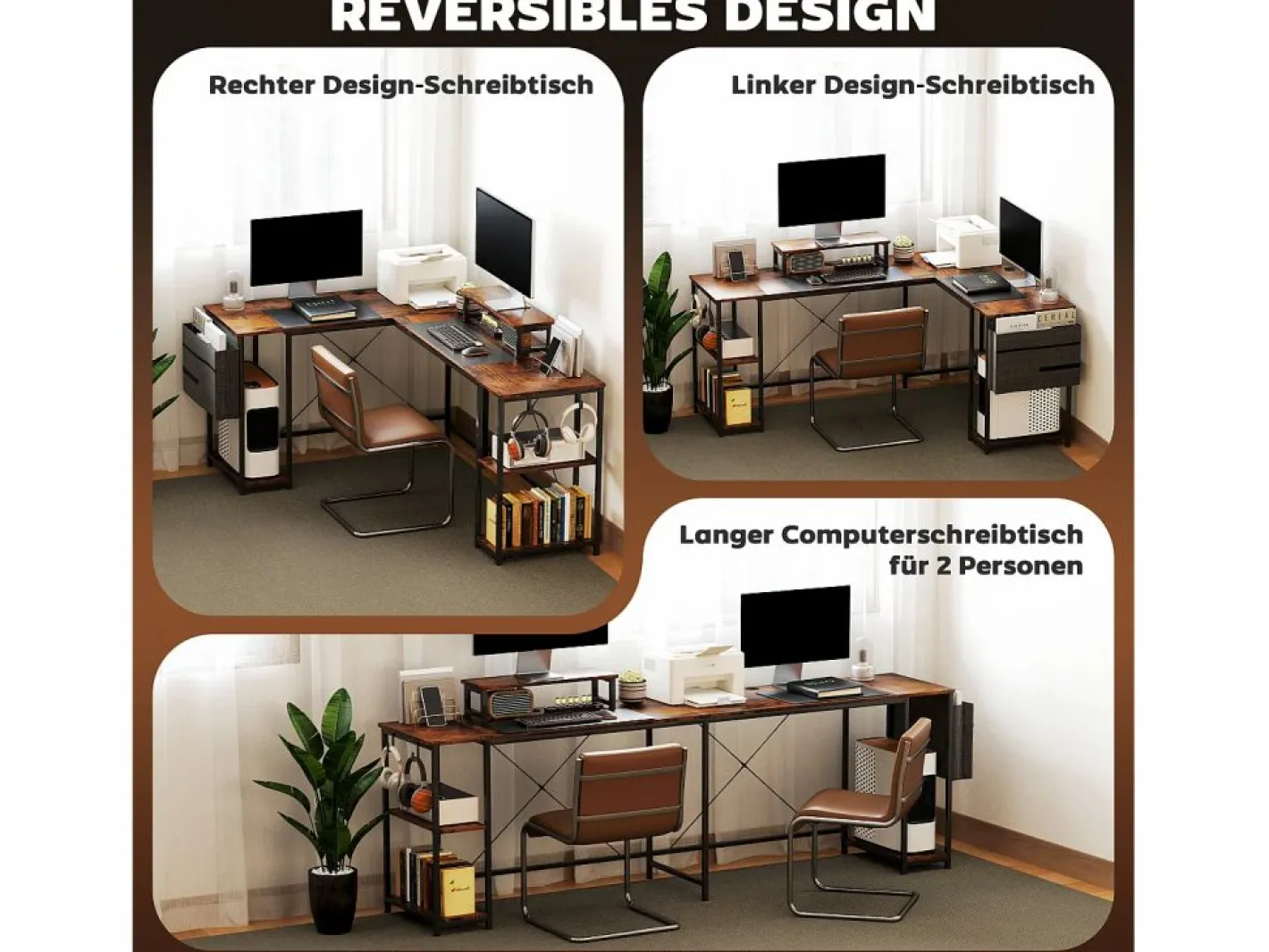 Mesa Gaming|Escritorio esquinero en forma de L con almacenaje modular, madera, marrón rústico (168x120x90cm)
