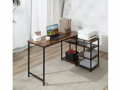 Mesa Gaming|Escritorio esquinero en forma de L, con estantes y cajón, metal, madera, marrón (135x90x79 cm)