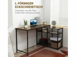 Mesa Gaming|Escritorio esquinero en forma de L, con estantes y cajón, metal, madera, marrón (135x90x79 cm)
