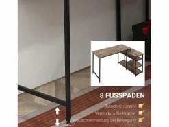 Mesa Gaming|Escritorio esquinero en forma de L, con estantes y cajón, metal, madera, marrón (135x90x79 cm)
