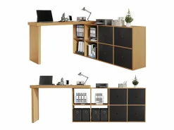 Escritorio esquinero giratorio de 360°: escritorio con 4 cajones y 4 compartimentos, MDF, y roble (120 x 48 x 78 cm) + (140 x 35 x 74 cm) Negro Discount