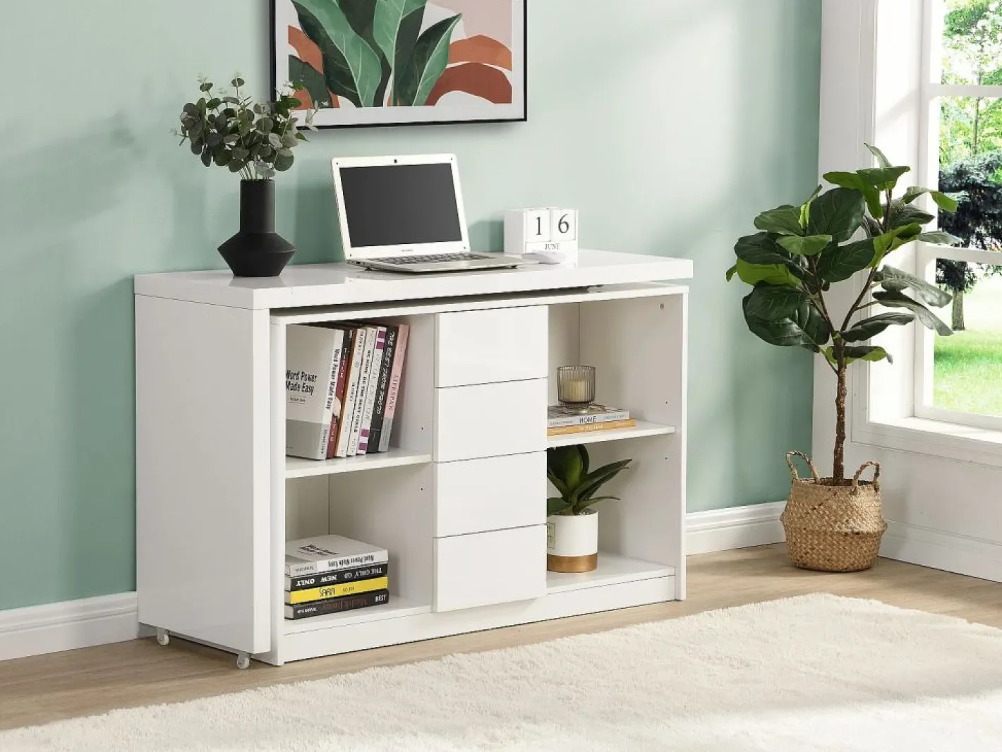 Vente-unique Escritorio extensible con tablero giratorio 360° en MDF lacado en - PAVELO Blanco Sale