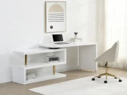 Vente-unique Escritorio Rinconero|Escritorio Tradicional|Escritorio extensible con plataforma giratoria 360° en MDF lacado y dorado - NICEPHORE II