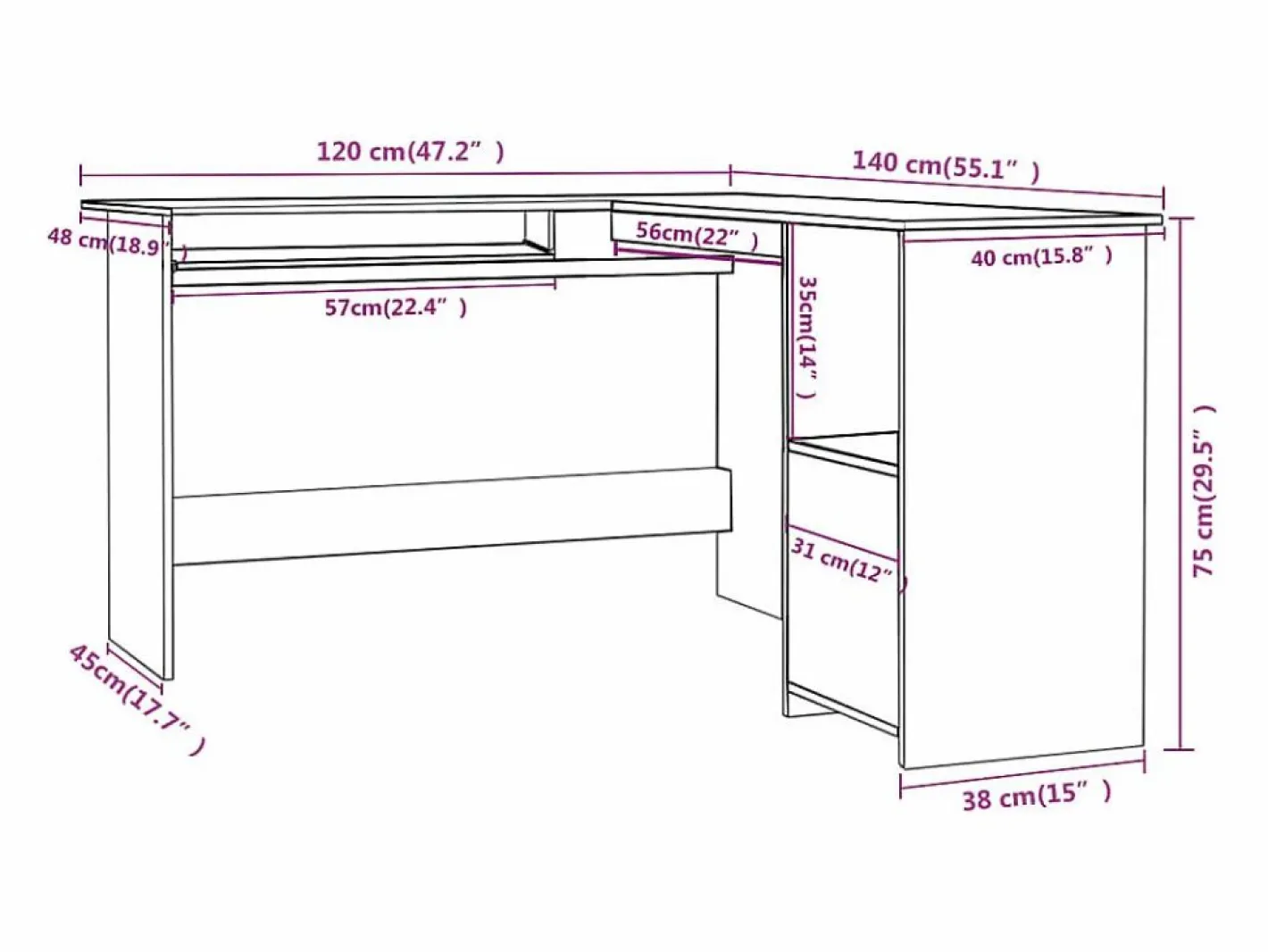 vidaxl Escritorio Rinconero|Escritorio forma de L madera contrachapada 120x140x75 cm