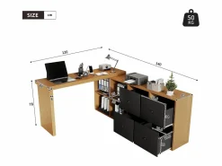 ModernLuxe Escritorio giratorio 360° 260×48×78 cm - con 4 compartimentos - 4 cajones - MDF - natural + negro Negro / Color natural claro New