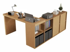 ModernLuxe Escritorio giratorio 360° 260×48×78 cm - con 4 compartimentos - 4 cajones - MDF - natural + negro Negro / Color natural claro New