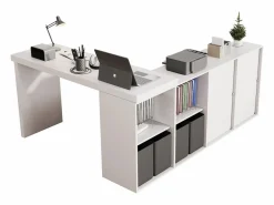 Merax Escritorio giratorio de 360° - 140 x 120 x 78 cm - En forma de L o vertical - con 4 cajones - MDF - Blanco Clearance