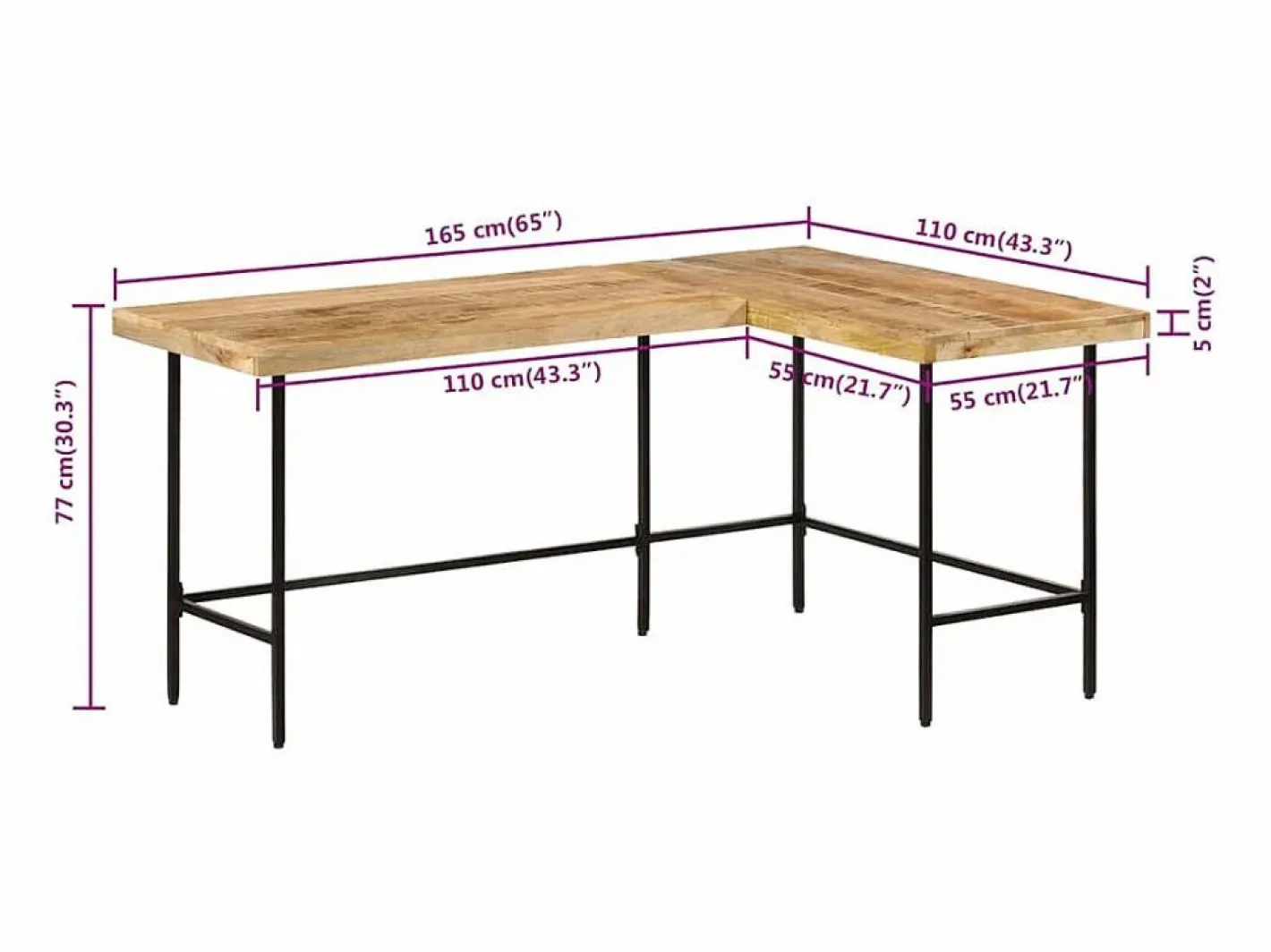 Clicnbuy Escritorio Rinconero|Escritorio madera maciza mango y hierro 165x110x77 cm
