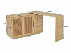 DripeX Mesa De Ordenador|Escritorio para computadora extensible - con 3 cajones y 2 puertas de ratán - función giratoria - MDF - 126x40x75cm