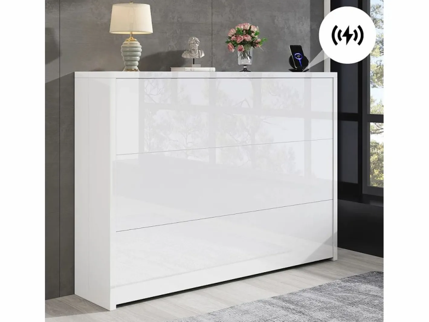 ModernLuxe Escritorio plegable 115×27×93 cm - con función de carga inalámbrica - con estantes y ruedas - Acabado de alto brillo - Blanco