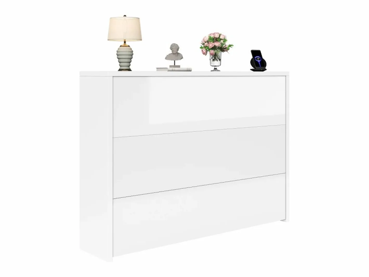 ModernLuxe Escritorio plegable 115×27×93 cm - con función de carga inalámbrica - con estantes y ruedas - Acabado de alto brillo - Blanco